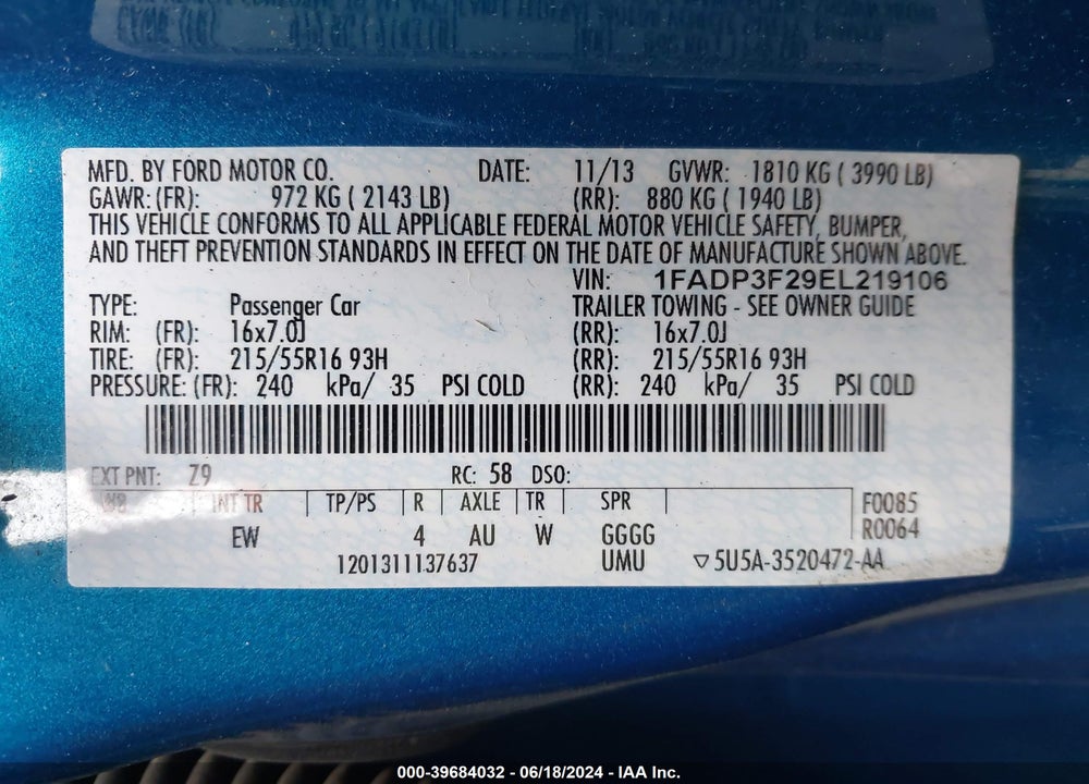 2014 FORD FOCUS SE VIN: 1FADP3F29EL219106