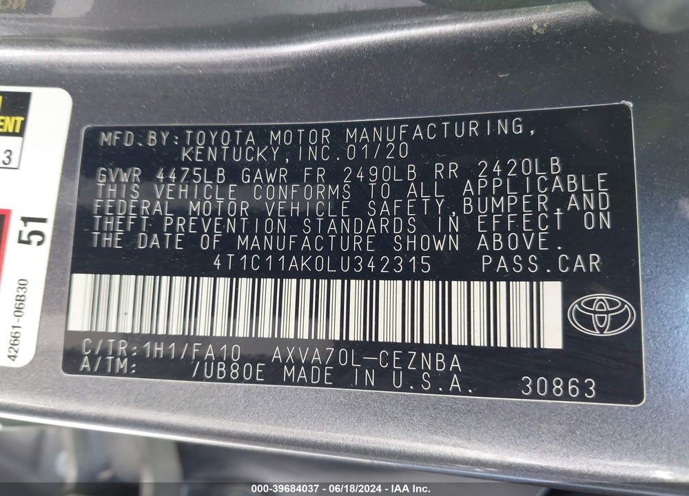 2020 TOYOTA CAMRY VIN: 4T1C11AK0LU342315