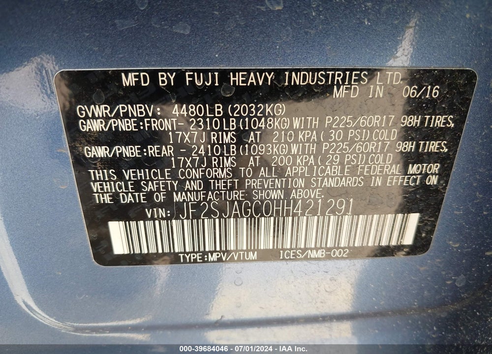 2017 SUBARU FORESTER 2.5I PREMIUM VIN: JF2SJAGC0HH421291