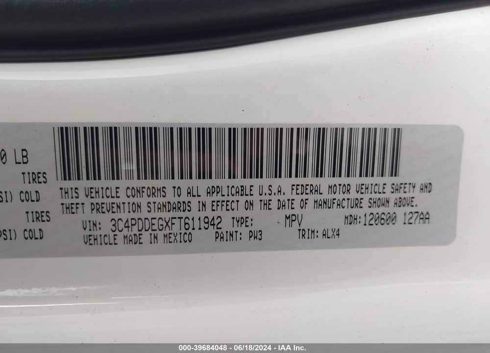 2015 DODGE JOURNEY R/T VIN: 3C4PDDEGXFT611942