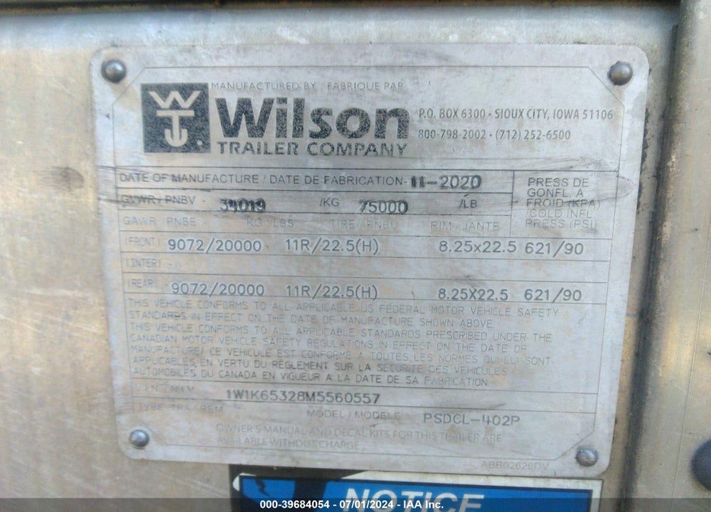 2021 WILSON TRAILER CO --- VIN: 1W1K65328M5560557