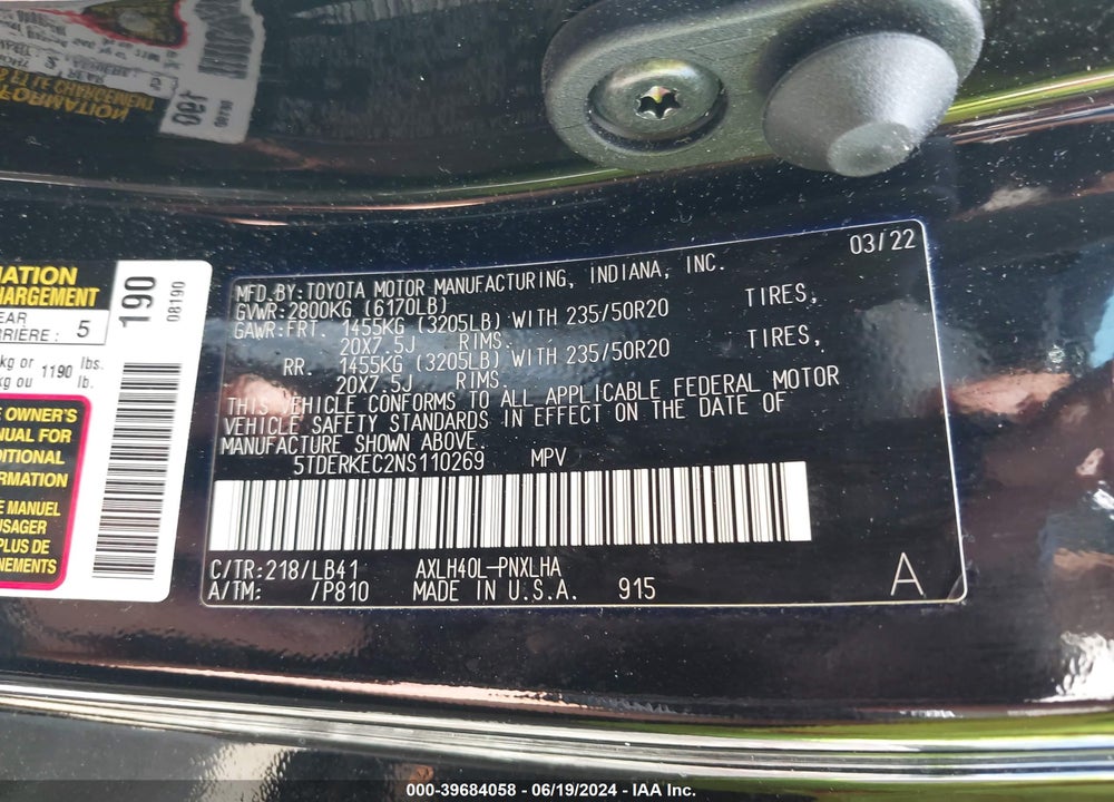 2022 TOYOTA SIENNA PLATINUM VIN: 5TDERKEC2NS110269