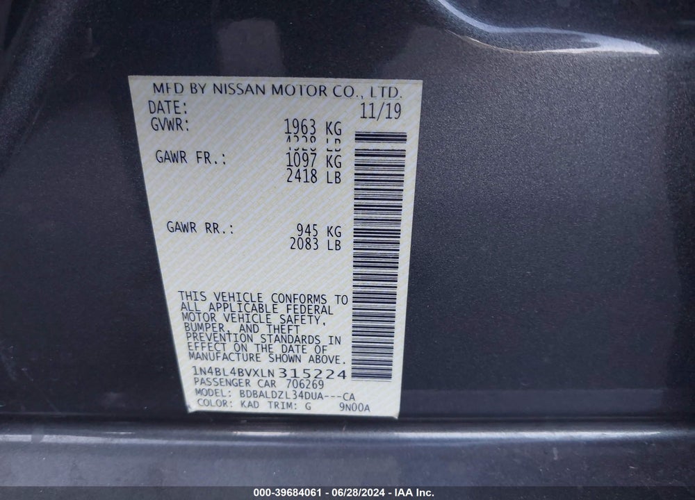 2020 NISSAN ALTIMA S FWD VIN: 1N4BL4BVXLN315224