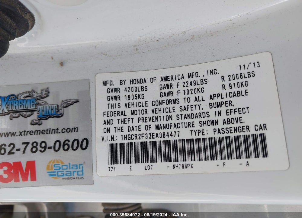 2014 HONDA ACCORD LX VIN: 1HGCR2F33EA084477