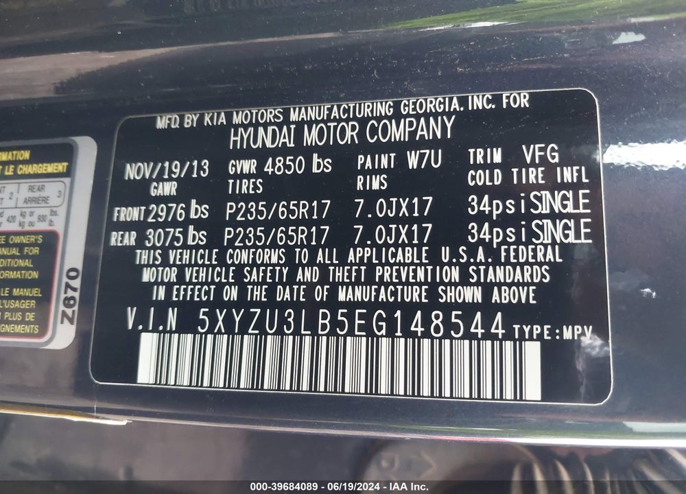 2014 HYUNDAI SANTA FE SPORT VIN: 5XYZU3LB5EG148544