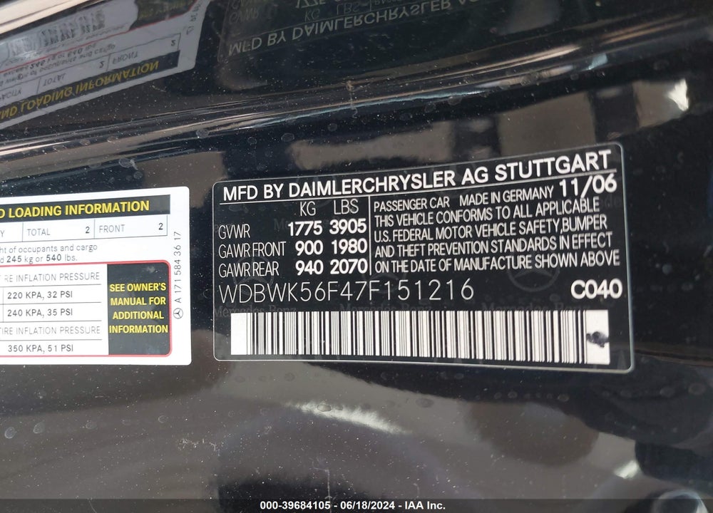 2007 MERCEDES-BENZ SLK 350 VIN: WDBWK56F47F151216