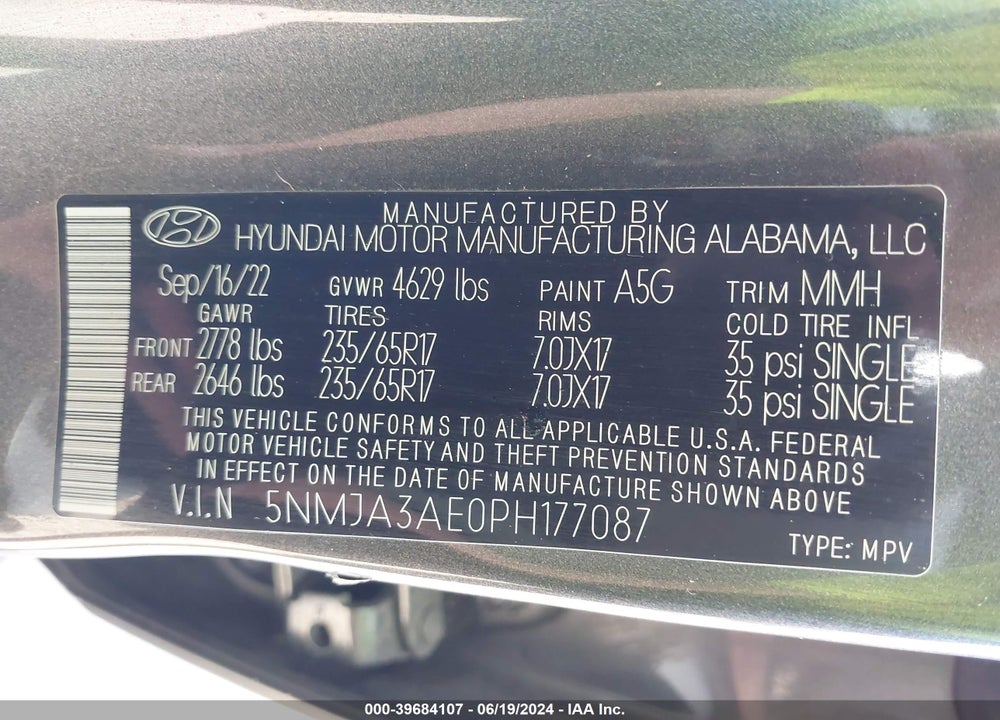 2023 HYUNDAI TUCSON SE VIN: 5NMJA3AE0PH177087