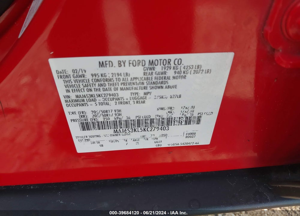 2019 FORD ECOSPORT TITANIUM VIN: MAJ6S3KL5KC279403