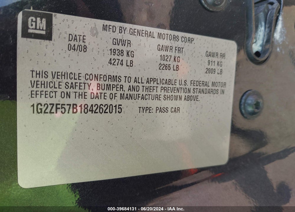 2008 PONTIAC G6 VALUE LEADER VIN: 1G2ZF57B184262015