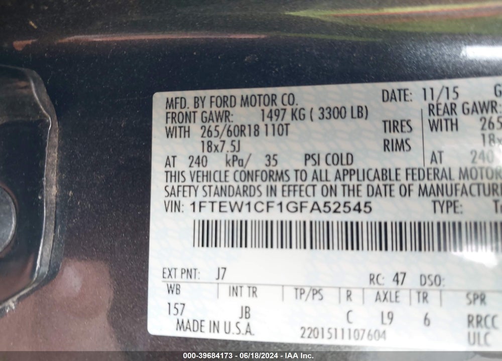 2016 FORD F-150 XLT VIN: 1FTEW1CF1GFA52545