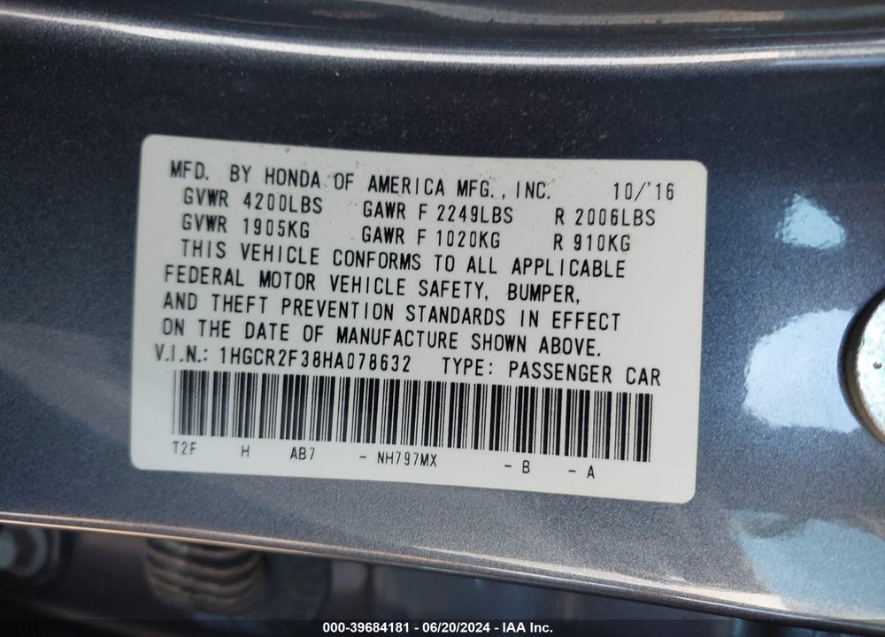 2017 HONDA ACCORD LX VIN: 1HGCR2F38HA078632