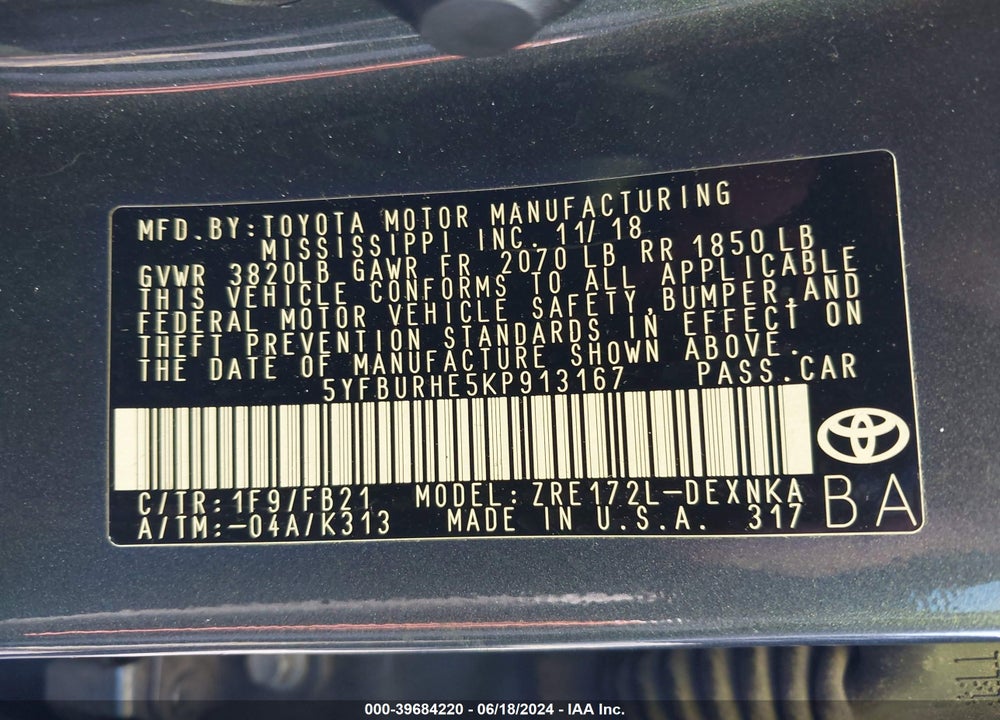 2019 TOYOTA COROLLA LE VIN: 5YFBURHE5KP913167