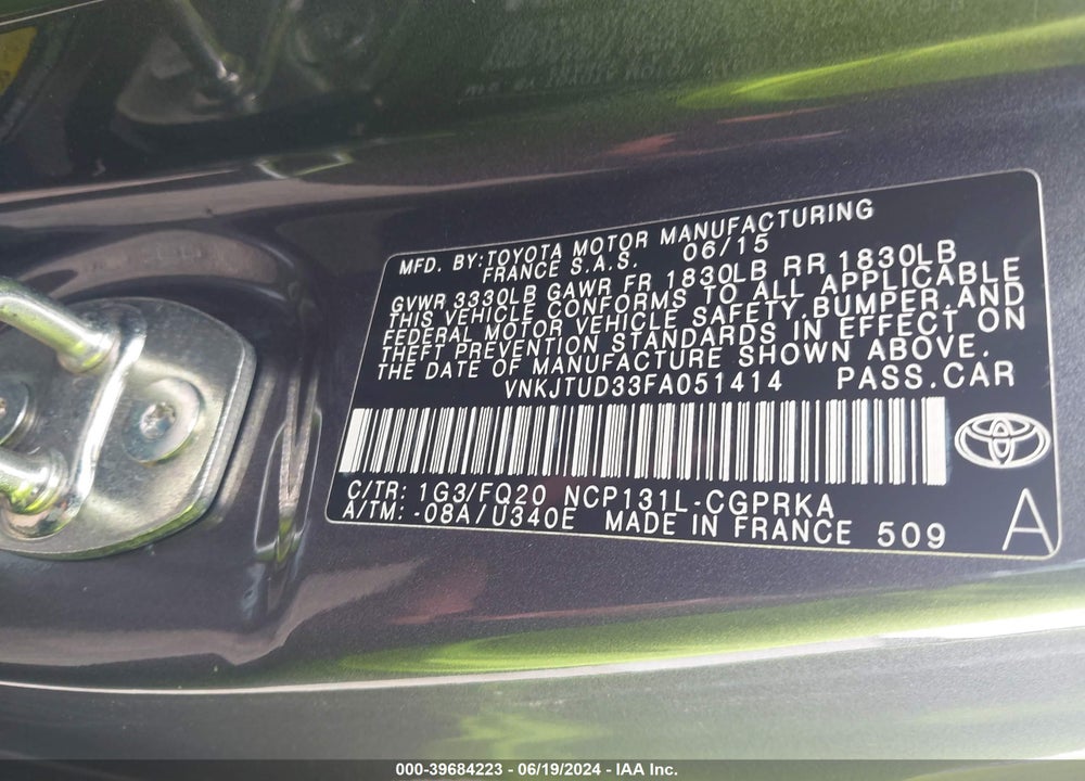2015 TOYOTA YARIS L VIN: VNKJTUD33FA051414