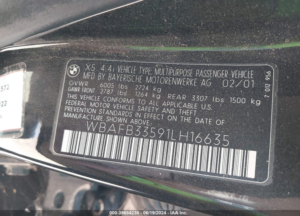 2001 BMW X5 4.4 VIN: WBAFB33591LH16635