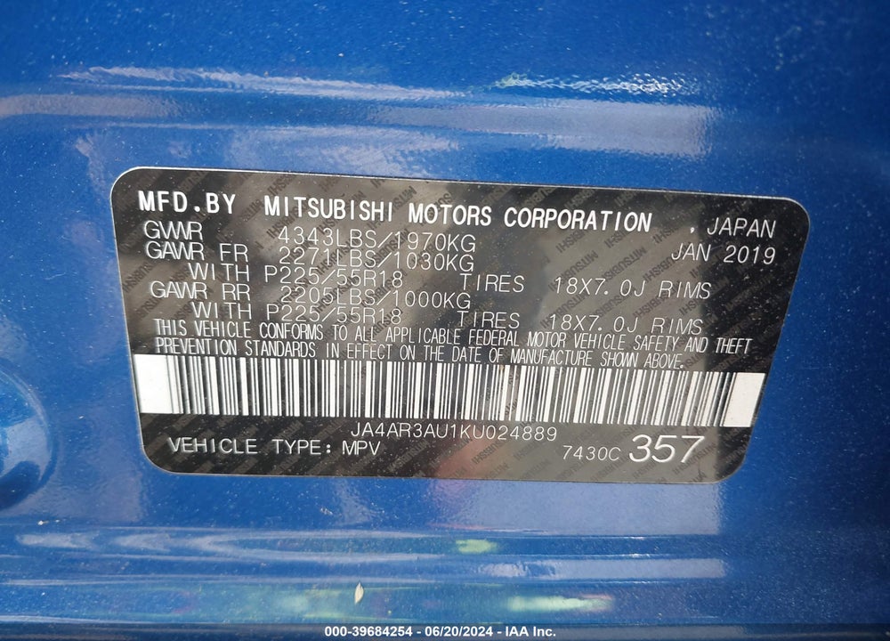 2019 MITSUBISHI OUTLANDER SPORT 2.0 ES VIN: JA4AR3AU1KU024889