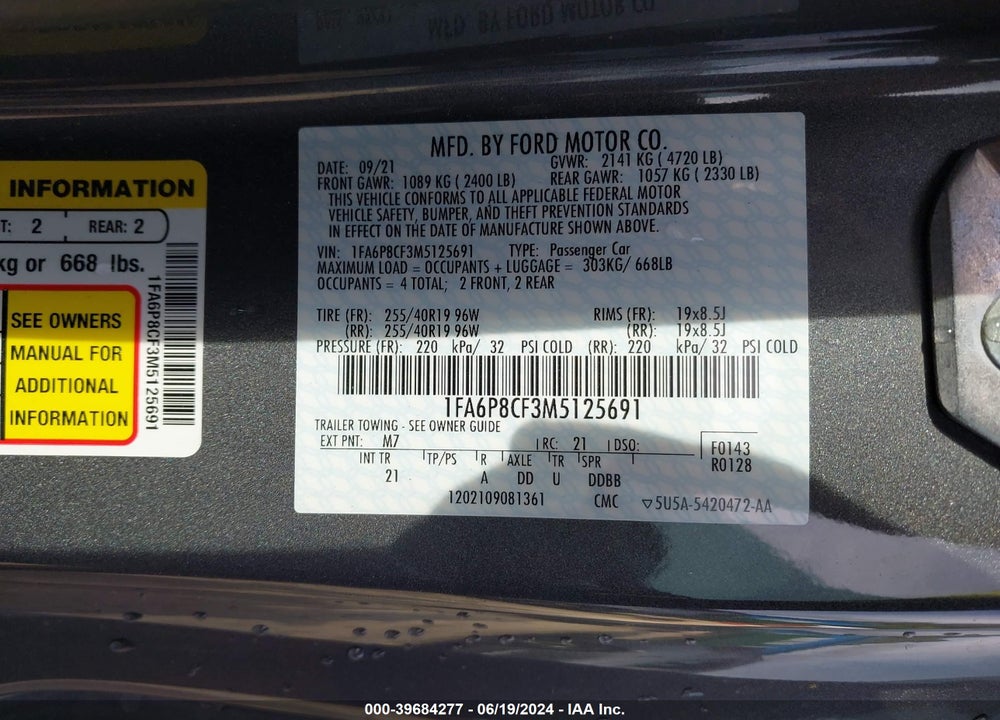 2021 FORD MUSTANG GT FASTBACK VIN: 1FA6P8CF3M5125691