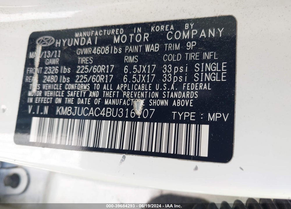 2011 HYUNDAI TUCSON GLS VIN: KM8JUCAC4BU316107