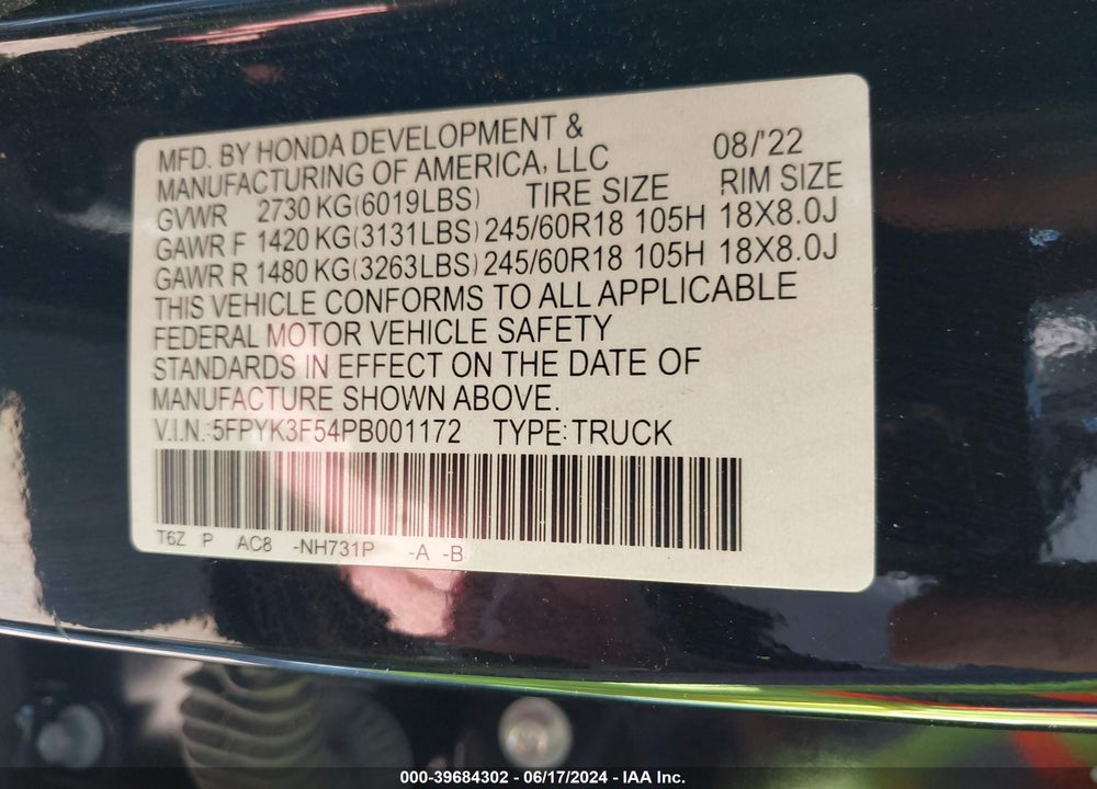 2023 HONDA RIDGELINE VIN: 5FPYK3F54PB001172