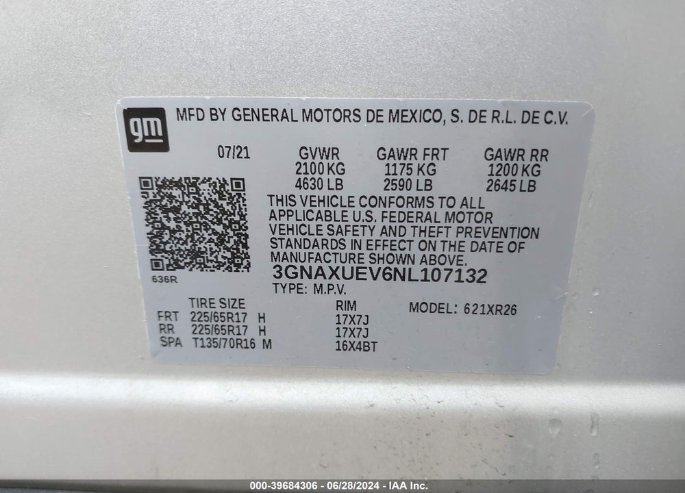 2022 CHEVROLET EQUINOX AWD LT VIN: 3GNAXUEV6NL107132