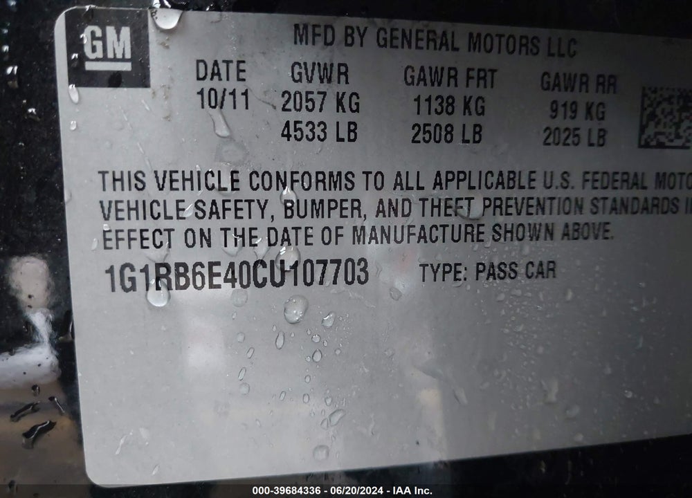 2012 CHEVROLET VOLT VIN: 1G1RB6E40CU107703