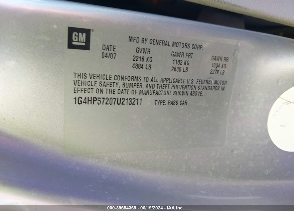 2007 BUICK LUCERNE CX VIN: 1G4HP57207U213211