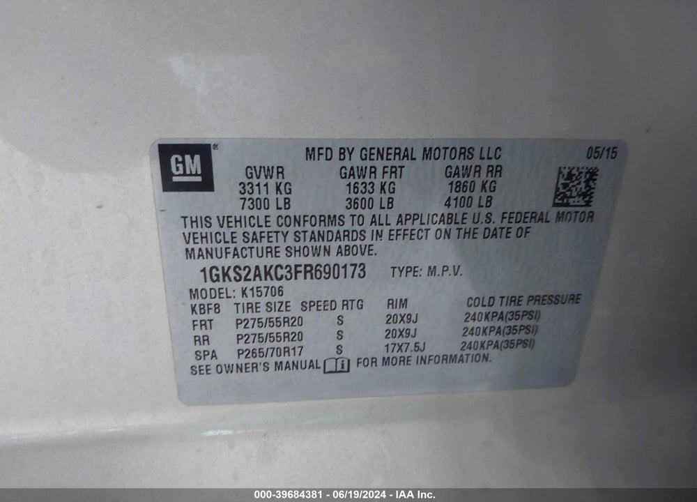 2015 GMC YUKON SLE VIN: 1GKS2AKC3FR690173