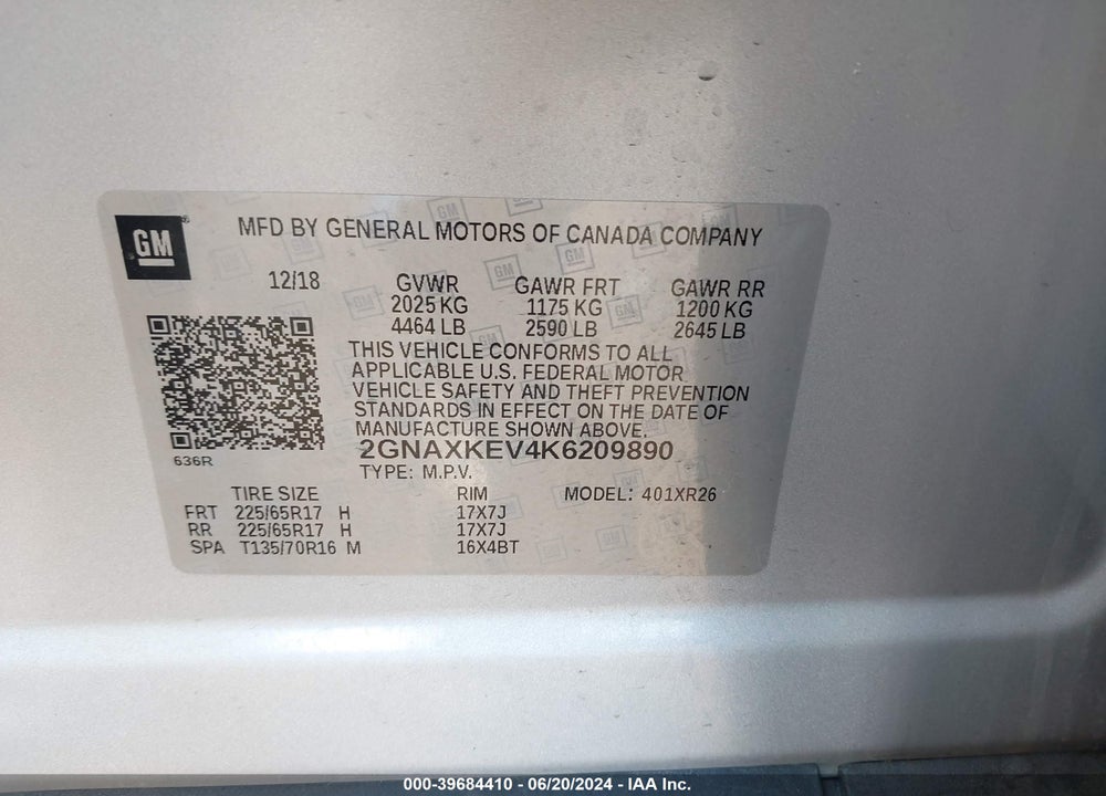 2019 CHEVROLET EQUINOX LT VIN: 2GNAXKEV4K6209890