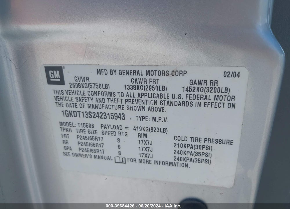 2004 GMC ENVOY SLT VIN: 1GKDT13S242315943