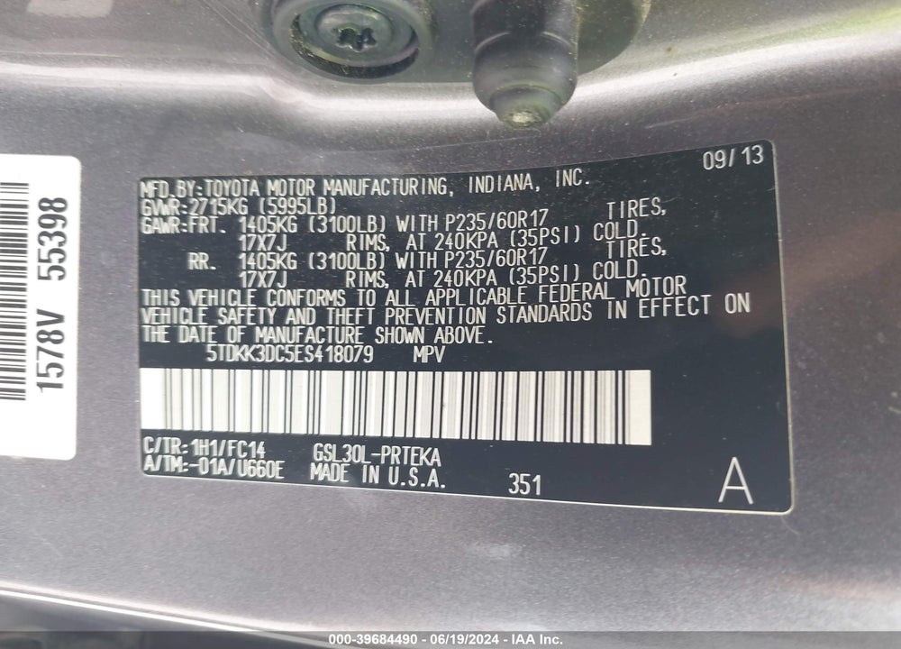 2014 TOYOTA SIENNA LE V6 8 PASSENGER VIN: 5TDKK3DC5ES418079