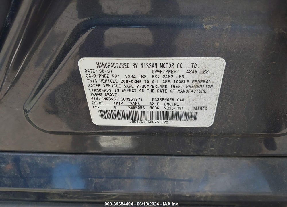 2008 INFINITI G35X VIN: JNKBV61F58M251972