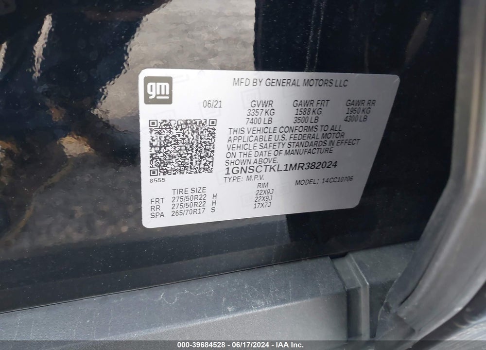 2021 CHEVROLET TAHOE 2WD HIGH COUNTRY VIN: 1GNSCTKL1MR382024