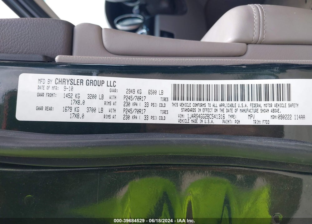 2011 JEEP GRAND CHEROKEE LAREDO VIN: 1J4RS4GG2BC541316