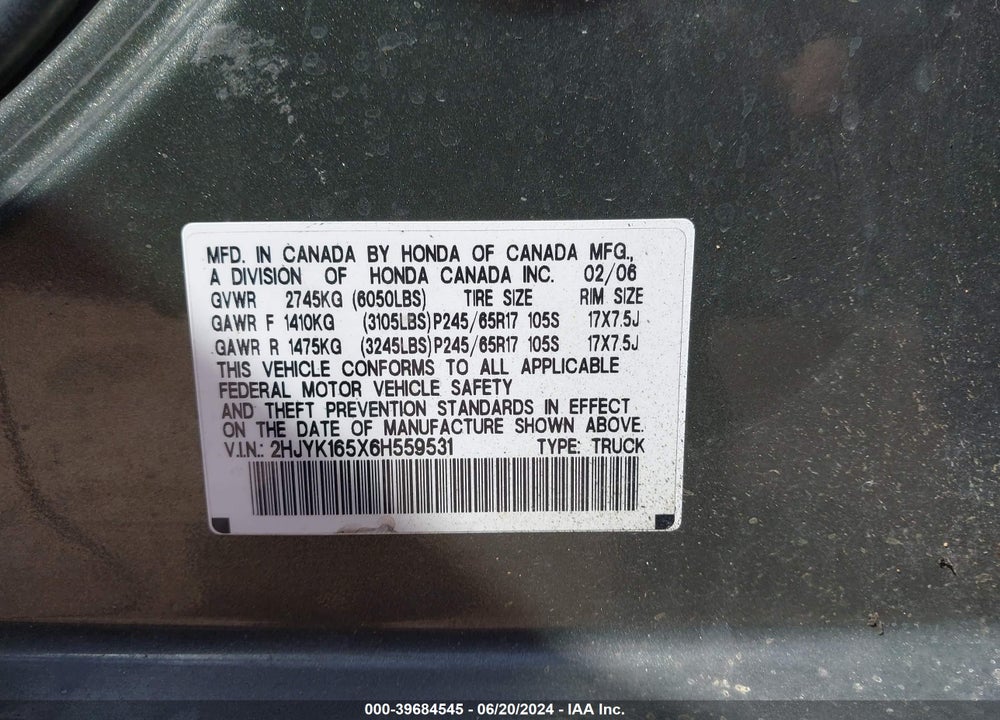 2006 HONDA RIDGELINE RTL VIN: 2HJYK165X6H559531
