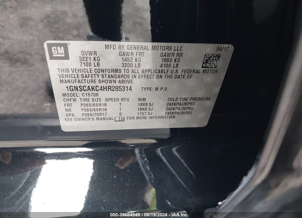 2017 CHEVROLET TAHOE LS VIN: 1GNSCAKC4HR285314