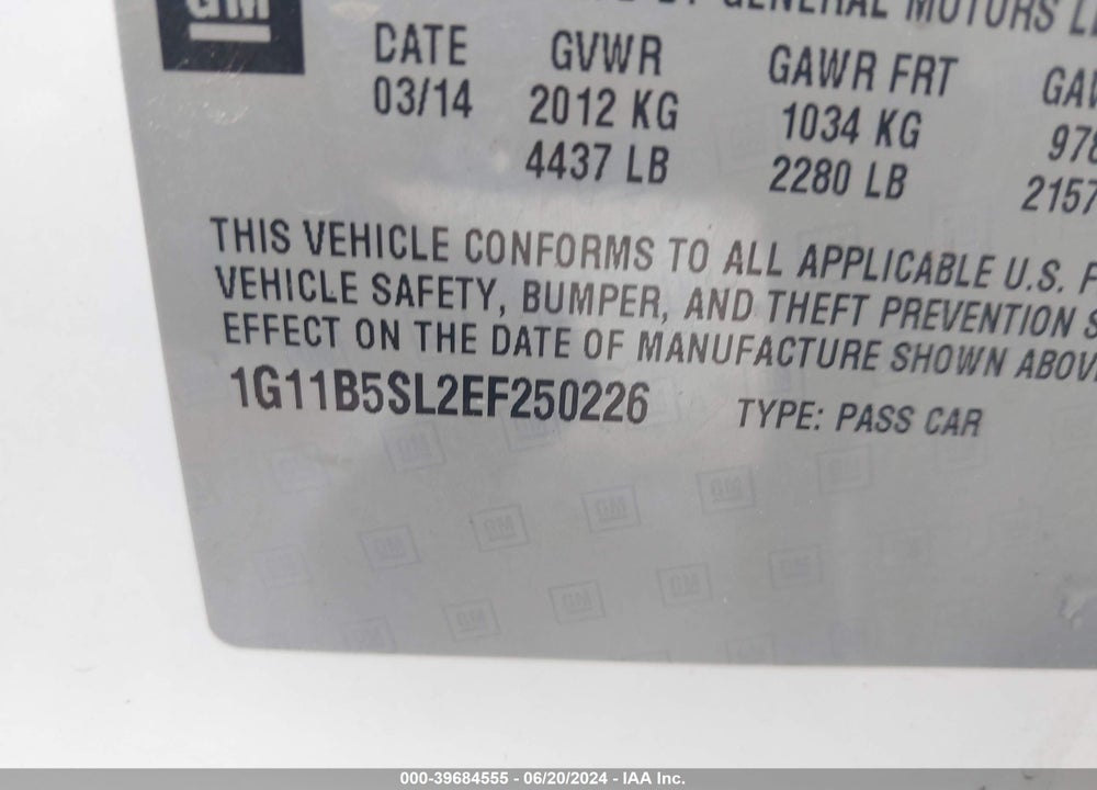 2014 CHEVROLET MALIBU 1LS VIN: 1G11B5SL2EF250226