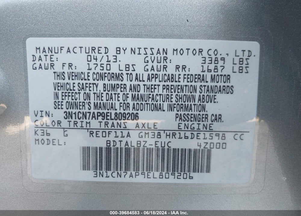2014 NISSAN VERSA VIN: 3N1CN7AP9EL809206