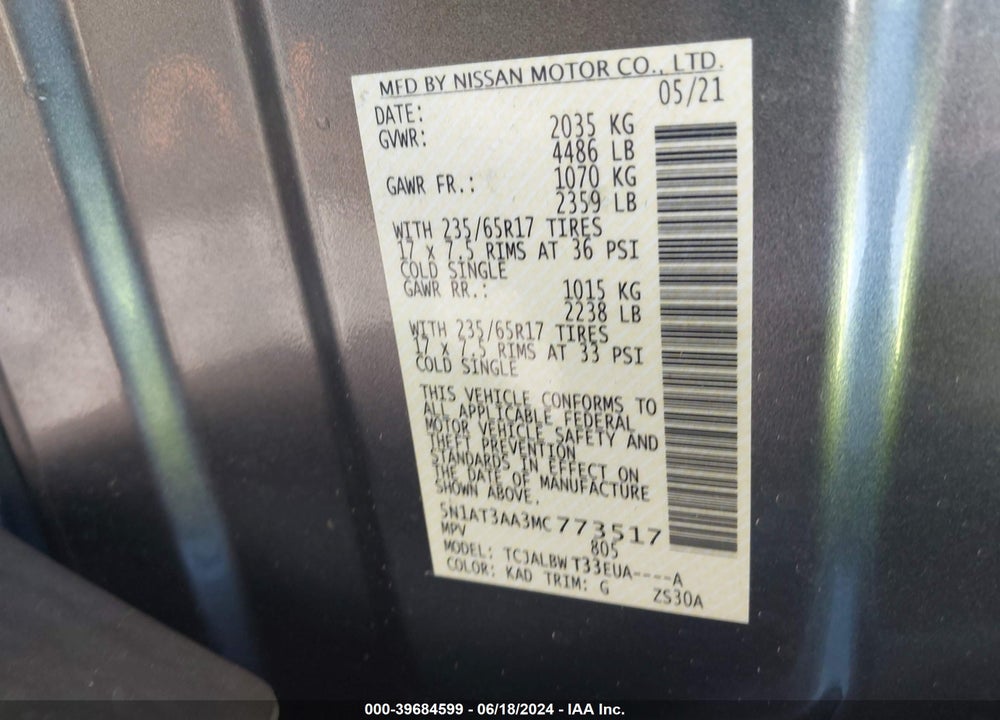 2021 NISSAN ROGUE VIN: 5N1AT3AA3MC773517