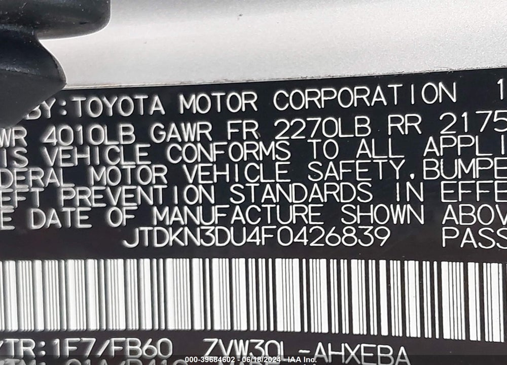 2015 TOYOTA PRIUS FIVE/FOUR/PERSONA SERIES SPECIAL EDITION/THREE/TWO VIN: JTDKN3DU4F0426839