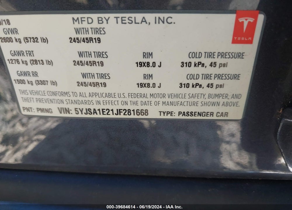 2018 TESLA MODEL S 100D/75D/P100D VIN: 5YJSA1E21JF281668