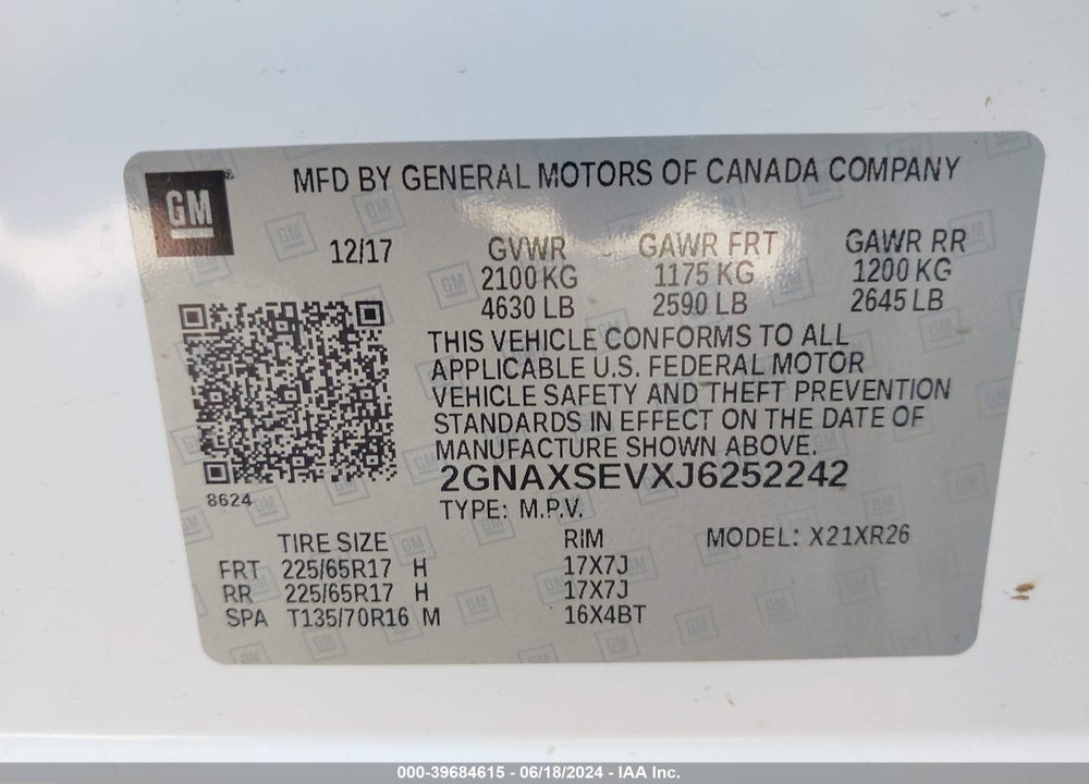 2018 CHEVROLET EQUINOX LT VIN: 2GNAXSEVXJ6252242