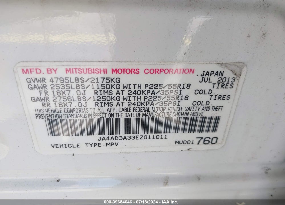 2014 MITSUBISHI OUTLANDER SE VIN: JA4AD3A33EZ011011