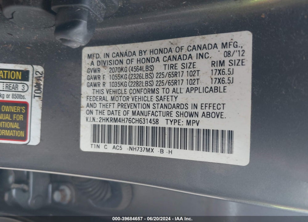 2012 HONDA CR-V EX-L VIN: 2HKRM4H76CH631458