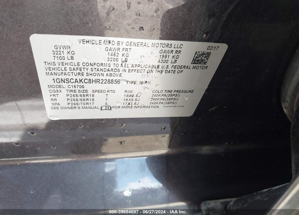 2017 CHEVROLET TAHOE LS VIN: 1GNSCAKC8HR228856