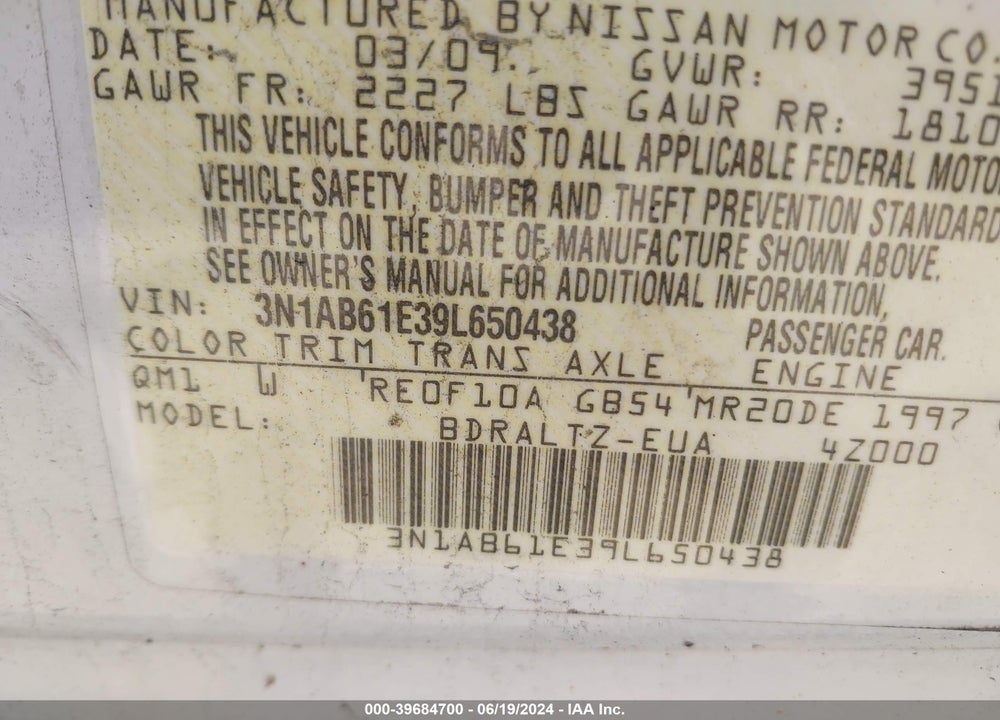 2009 NISSAN SENTRA 2.0S VIN: 3N1AB61E39L650438