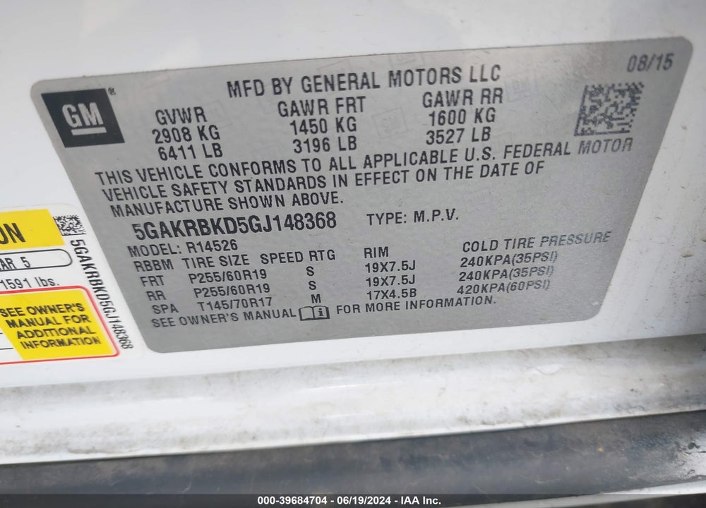 2016 BUICK ENCLAVE LEATHER VIN: 5GAKRBKD5GJ148368