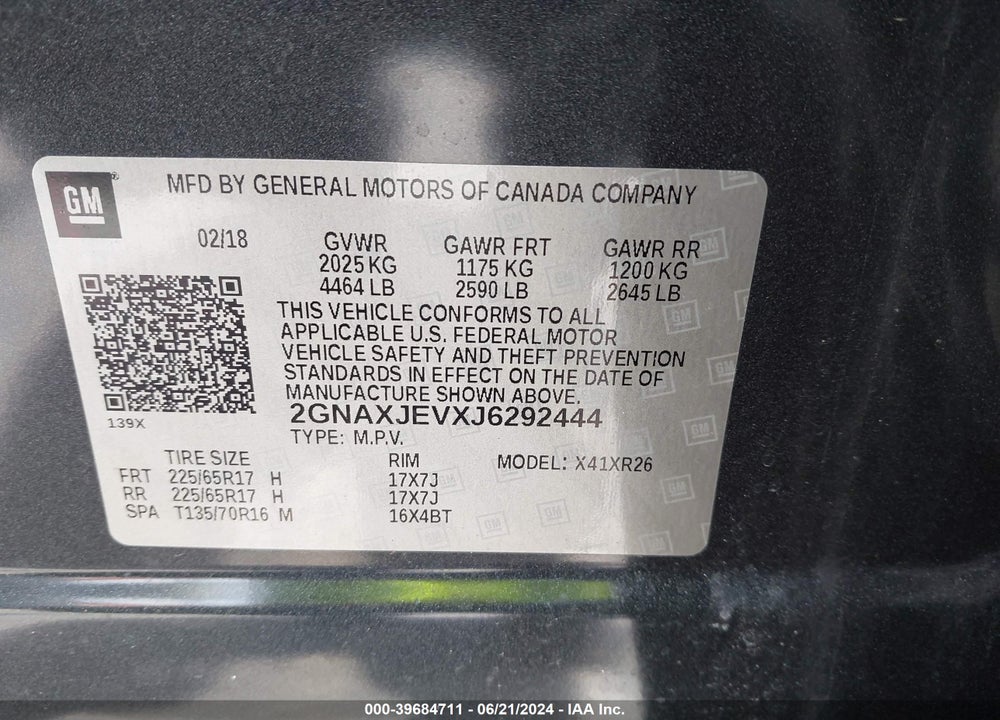 2018 CHEVROLET EQUINOX LT VIN: 2GNAXJEVXJ6292444