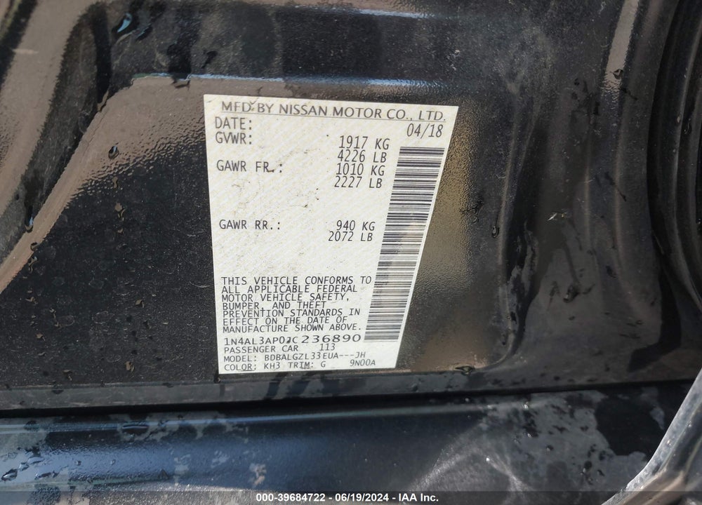 2018 NISSAN ALTIMA 2.5 S VIN: 1N4AL3AP0JC236890