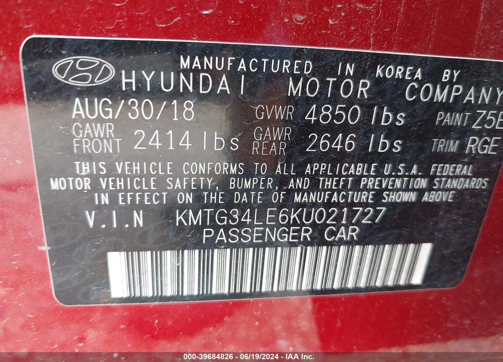 2019 GENESIS G70 3.3T DYNAMIC VIN: KMTG34LE6KU021727