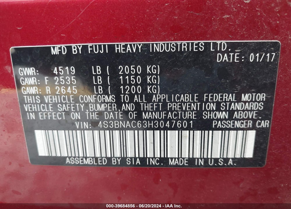 2017 SUBARU LEGACY 2.5I PREMIUM VIN: 4S3BNAC63H3047601