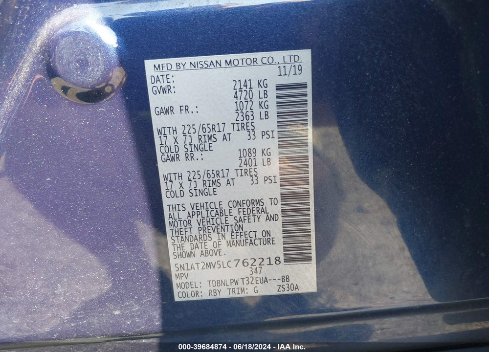 2020 NISSAN ROGUE S INTELLIGENT AWD VIN: 5N1AT2MV5LC762218